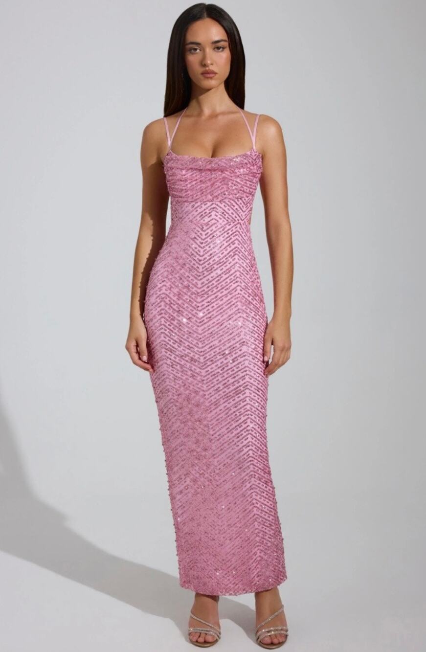 Oh Polly Constance Embellished Cowl-Neck Maxi Dress in Pink Size 2 New